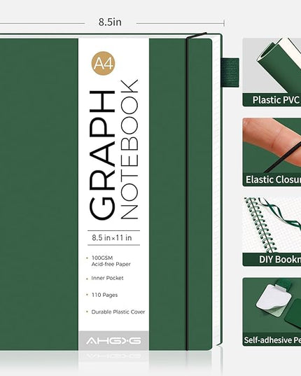 AHGXG Graph Paper Notebook - Spiral Notebook 8.5" x 11", A4 Large Graph Notebook, 100 gsm Thick Grid Paper, Waterproof Plastic Cover Journals for School Writing Engineering Math, Green