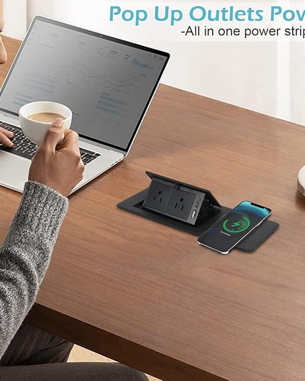 Pop Up Outlet with 15W Wireless Charger, Power Strip with 2 AC Outlets, USB A and USB C Charging Ports Recessed Multimedia Strip Socket Hidden Table Connection Box with Outlet (Black-F-Wireless)