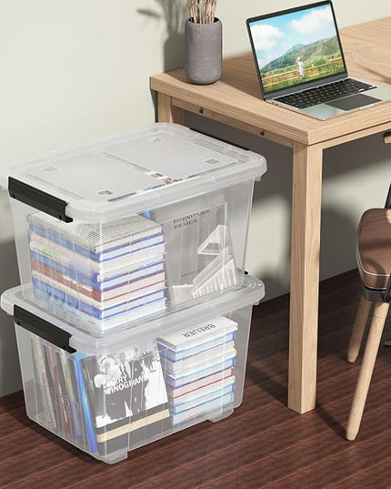 30 Quart Clear Storage Latch Bins, Large Plastic Storage Box with Wheels, 4 Packs