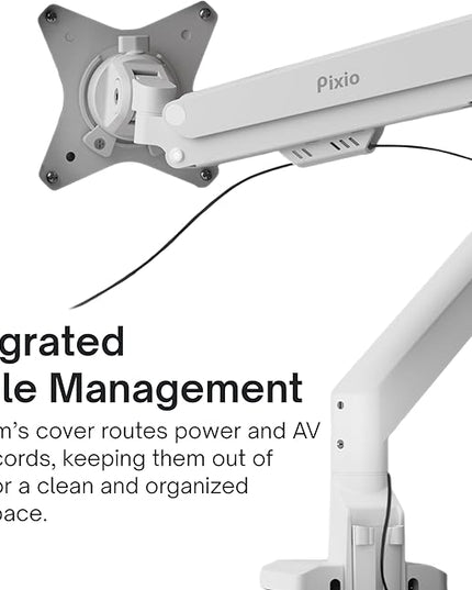 Pixio PS1S Wave White Single Monitor Arm Stand Desk Mount - Fits up to 32 inches Monitors and up to 19.8lbs. VESA Compatibility and Integrated Cable Management