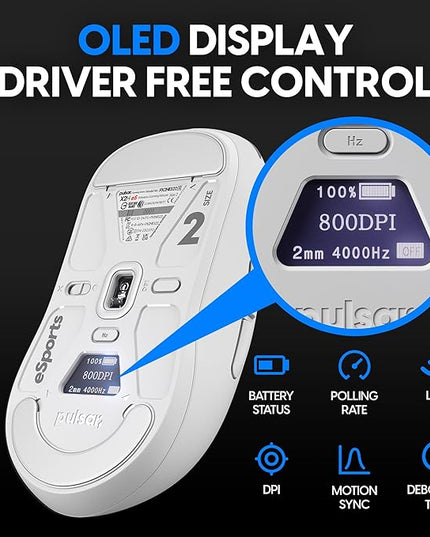 Pulsar Gaming Gears - X2H eS Wireless Gaming Mouse, Limited Edition, Symmetrical, Optical Switch, OLED Display, Driverless, PAW3395 Sensor, 100H Battery, 4K dongle Included (Medium, White)