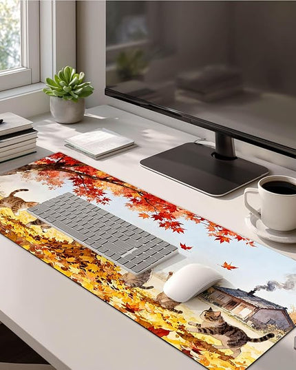 Cat XL Mouse Pad 31.5 x 11.8 Inch Gaming Mousepad Diatomite Large Keyboard Mouse Pad for Home and Office Desk Accessories with Autumn Leaves Kittens Illustration Featuring Stable Base