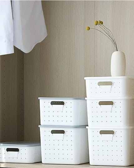 vacane 3 Pack Decorative Storage Bins with Lids, White Plastic Storage Basket for Organizing Stackable Storage Box with Handle on Closets,Classrooms,Offices