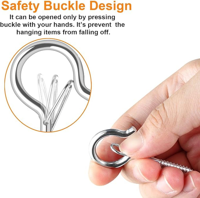 FSAH 96 PCS Q-Hanger Hooks, Screw Hooks for Outdoor String Lights, Safety Buckle Design Cup Eye Hook for Hanging Christmas Lights, Plants, Mounted on Wall Ceiling, Include 1 Wing Nut Driver, Silver