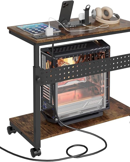 Computer Tower Stand with Charging Station, Height Adjustable 2-Tier CPU Stand with Power Strip and USB Ports, PC Tower Cart with Wheels and Printer Shelf, Rustic Brown and Black