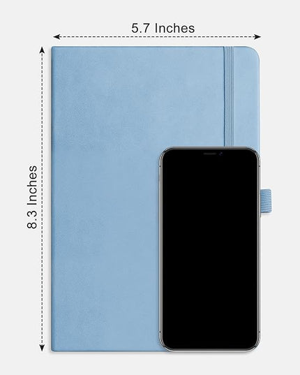 RETTACY Lined Journal Notebook, 192 Numbered Pages, A5 Medium Size (5.7'' x 8.3''), for Men & Women, Journaling, Writing, Work & Office, Leather Hardcover, 100 GSM Thick Paper (Light Blue)