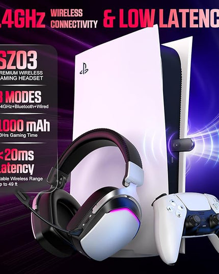 Wireless Gaming Headset for PS5 PS4 PC Mac Switch, RGB Headphones with 7.1 Surround Sound, Bluetooth 5.4, 60H Battery, Noise Canceling Mic & 50mm Drivers