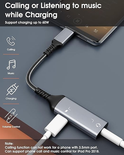 Marsno USB C to 3.5mm Headphone and Charger Adapter, 2-in-1 USB Type C to Aux Audio Jack Splitter, PD 60W Fast Charging Dongle for iPhone 17/16/15, Galaxy S25/S24/S23, iPad Pro, Pixel (Dark Gray)