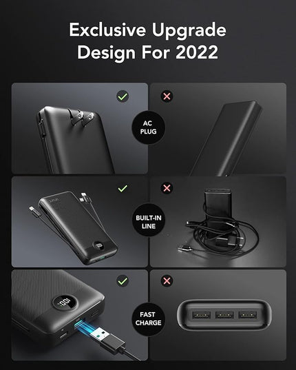 VRURC Portable Charger 20000mAh, Fast Charging Power Bank USB C,4 Output 2 Input Travel Essentials Charging Bank Equipped with LED Display,Built-in Wall Plug and Cables,Phone Charger Battery,Black