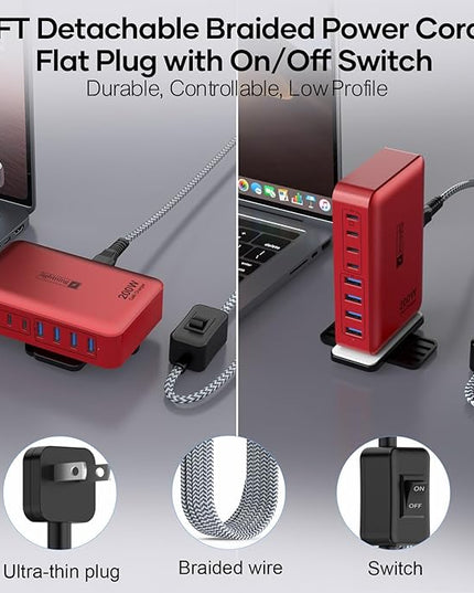 8-Port USB Charger Block 200W with Flat Plug, Braided Power Cord, and On/Off Switch- USB Charging Hub for iPhone, iPad, MacBook and More- 65W C Port Power Adapter for Laptops