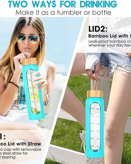 32 oz Glass Water Bottle with Straw - Motivational Time Marker & Silicone Sleeve - Reusable Tumbler Includes 2 Bamboo Lids & Fruit Infuser - 1 Pack