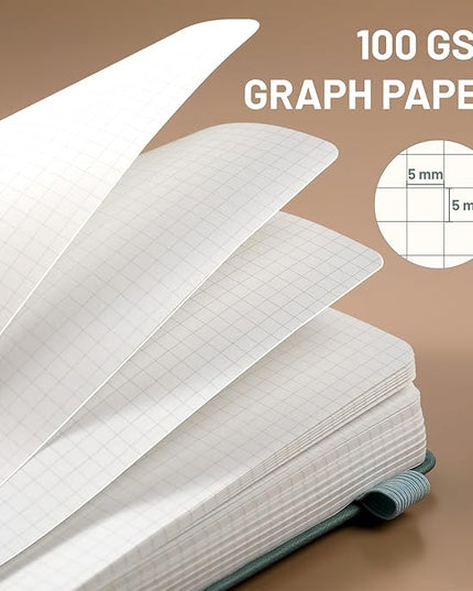CAGIE Graph Notebook 320 Pages 100 GSM Paper Graphing Grid Journal B5 Hardcover Leather Quad Ruled Notebooks for Engineering, Math, Work, Green