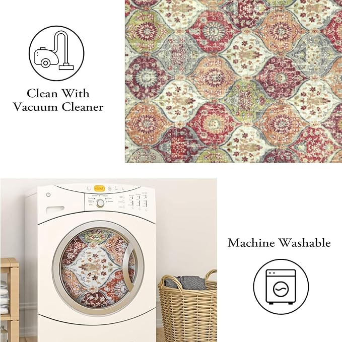 Lahome Moroccan Machine Washable Rugs for Living Room, 4x6 Rug for Bedroom Non-Slip Vintage Trellis Ultra-Thin Throw Carpet for Dining Room Office Nursery, Orange/Terracotta