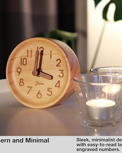 Driini Wooden Analog Desktop Clock – 4.3 in. Decorative Pinewood, No-Tick Design – Easy to Read Silent Sweep Mantle Clock – Quiet Tabletop Clocks with Wood Body, Hands, & Battery Cover; Light