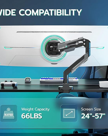 ARES WING Heavy Duty Single Monitor Arm - Gas Spring Aluminum Monitor Mount for 24"-57" Ultrawide Screens up to 66 lbs with Clamp/Grommet Desk Mount, 75/100/200 Vesa Mount, Black