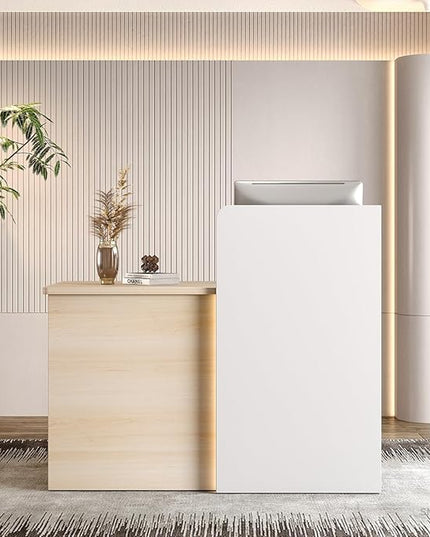 Small Reception Desk, 47" Front Desks Reception Counter, Front Desk Counter with LED Lights, Lockable Drawer, Two-Tone Design, Privacy Panel, for Office, Salon, Store