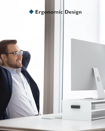 BONTEC Wooden Monitor Stand Riser, 2-Tier Desk Shelf with Storage Organizer, Ergonomic Computer Stand with Cable Management, Cellphone Holder, White, 16.5 Inch