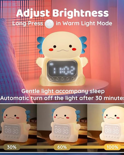 Axolotl Alarm Clock with Night Light for Kids, Rechargeable Silicone Lamp Time to Wake Clock Cute Animal Tabletop Lamp, Perfect Sleep Companion for Boys Girls, White