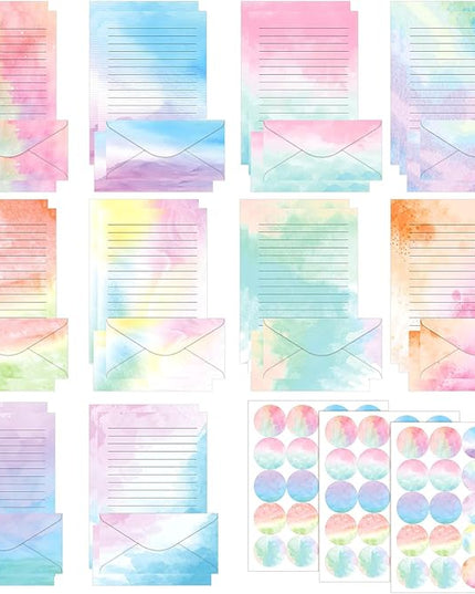 TaoBary 160 Pcs Stationery Paper Set 50 Double Sided Stationery Papers with 50 Matching Envelopes and 60 Round Dot Sticker, 10 Design(Watercolor,8.5 x 11 Inch)