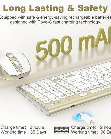 Wireless Keyboard and Mouse, USB Type C Rechargeable Slim Silent Keyboard Mouse, Compact Full-Size Keyboard with Number Pad and Cover for Windows, macOS, PC/Computer/Laptop - Gold