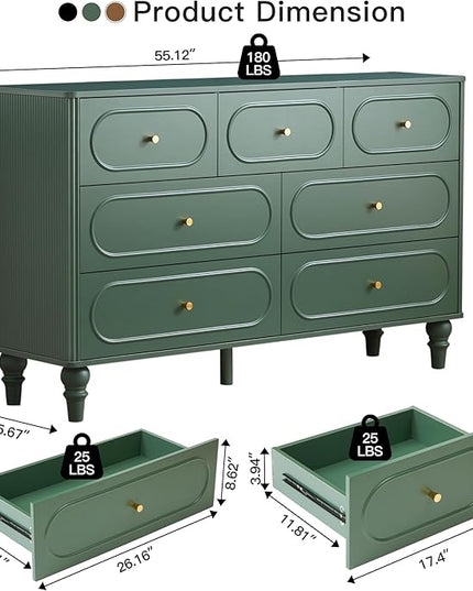 ORRD Fluted 7 Drawer Dresser for Bedroom, Modern Mid Century Chest of Drawers, Wood Storage Large Dresser Organizer for Bedroom Living Room Closet Hallway, Green