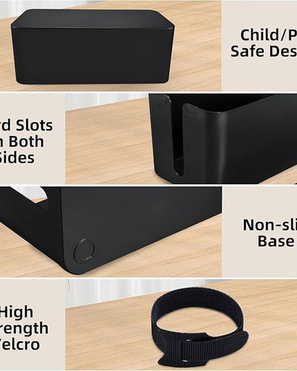 YaeCCC Cable Management Organizer Box Power Strips Hider Power Cords Hider for Desk, TV, Computer, USB Hub,Cords (Set of Three) Black