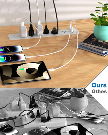 Recessed Power Strip Extension - 10 Outlet Surge Protector with 6 AC - 2 USB-A（18W） and 2 USB-C（PD20W） Ports - Flush Mount Desk Outlet with 6 Feet Cord - for Conference Table (White)