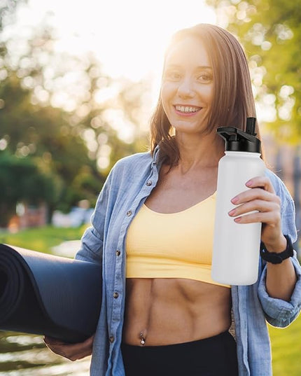 DOMICARE 40 oz Insulated Water Bottle, Vacuum Insulated Stainless Steel Sports Water Bottle with Straw Lid & Spout Lid, Leakproof, Reusable - Travel, Camping, Bike, White