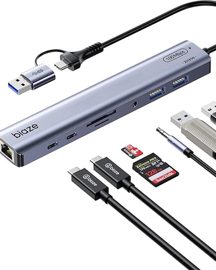 BIAZE 9-in-1 USB/USB C Hub Adapter for MacBook, iPhone,3 USB Ports (2xUSB 3.0, USB 2.0), 100M Ethernet, SD/TF Card Reader, 3.5mm Audio, 2X USB-C Data Ports,No Driver Required