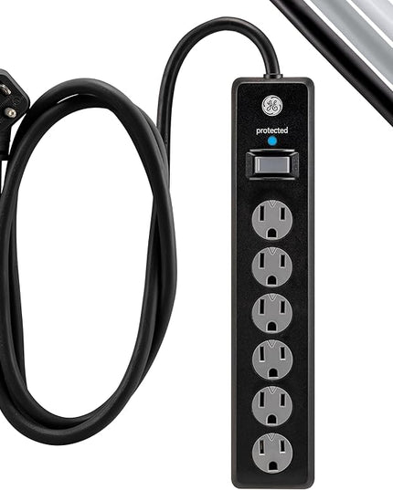 GE Surge Protector Power Strip,6 Ft Extension Cord,6 Outlet Extender,800 Joules,Flat Plug,Twist-to-Close Safety Covers,ETL Listed,Black,33661,(Pack of 10)