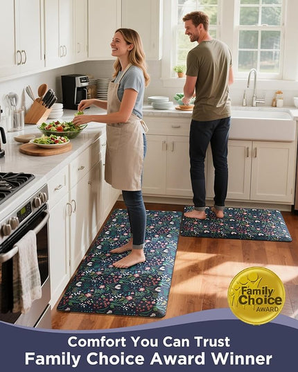 Ophanie Kitchen Mats for Floor, 3/4 inch Thick, 20x39 Anti Fatigue Cushioned Mat, Kitchen Rugs, Waterproof, Comfort Ergonomic Standing Mat for Office, Home, Sink, Blue Flower Non-Slip Ridged Bottom
