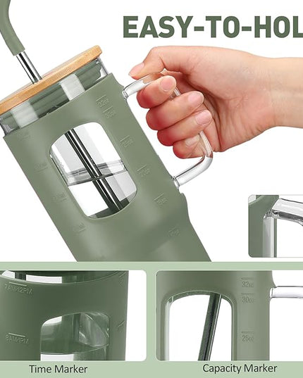 Glass Tumbler with Lid, 32 oz Glass Cup with Handle, Glass Water Bottles with Time Marker, 2 Straws - Pearl Straw & Silicone Protective Sleeve - Olive