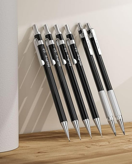 Nicpro 33PCS Black Metal Mechanical Pencil Set in Leather Case, Art Drafting Pencil 0.3, 0.5, 0.7, 0.9 mm, 2mm Lead Holders for Sketching Drawing With 18 Tube (6B 4B 2B HB 2H 4H Colors) Lead Refills