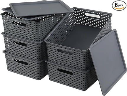 6 Pack Plastic Storage Bins with Lids, Stackable Storage Baskets with Handles, Plastic Organizer Container Bins for Desk,Shelves,Office, Pantry Organizers and Storage, Grey
