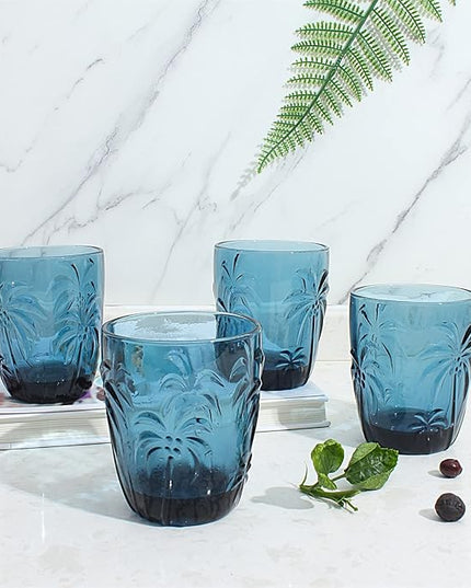 M&N HOME Colored Whiskey Glasses, Set of 4 Colorful Drinking Glasses, 9 Oz Coconut Cups, Glass Tumblers, Glass Cups for Water and Juice, Tiki Cups, Tropical Themed Glassware Set - BLUE SET