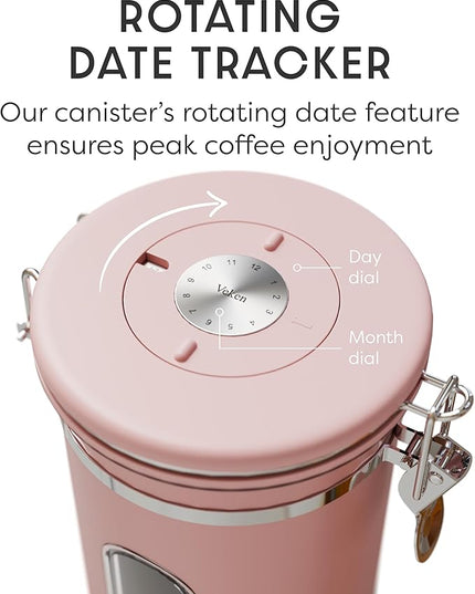 Veken Coffee Canister with Window, Airtight Stainless Steel Kitchen Food Storage Container with Lids, Date Tracker and Scoop for Grounds Coffee, Beans, Tea, Flour, Cereal, Sugar Jars, 22OZ, Pink