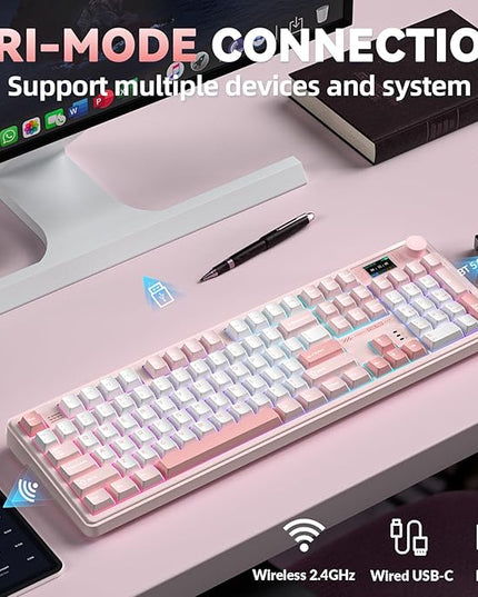 LINGBAO K108 Pro Wireless Mechanical Keyboard with Screen & Knob, Full Size Creamy Keyboard with Number Pad, 10000mAh Battery, PBT Keycaps, RGB Backlit, Hot-swappable Pink Gaming Keyboard for PC/Mac