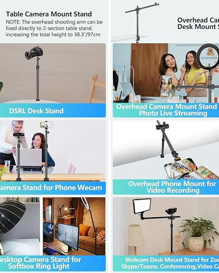 Camera Desk Mount Webcam Stand with Overhead Articulating Magic Boom Arm 1/4" Ball Head for DSLR Tripod, Adjustable Light Stand, Tabletop C Clamp for Ring Light Photo Video Shooting Live Streaming