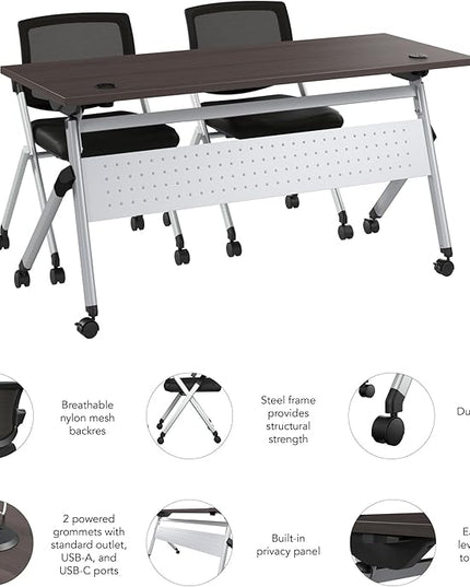 Bush Business Furniture Folding Training Table Set for 2, 60 inch Desk with Powered Grommets and 2 Chairs, Commercial-Grade Bundle for Office or Classroom, Envision Collection, Gray