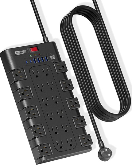 10Ft Power Strip Surge Protector, SUPERDANNY Charging Station 22 Outlets with 45W Type-C Fast Charging USB Ports, 4 USB-A, 2 USB-C, 2100J, 15A/1875W, Flat Plug Extension Cord for Home Office Black