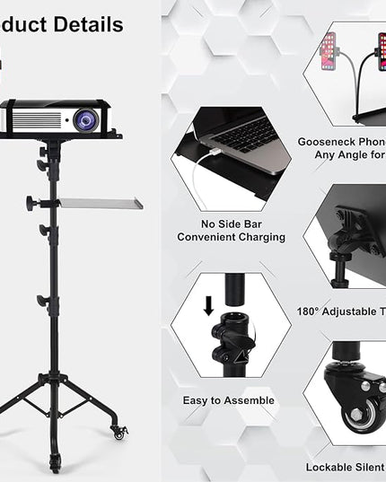 Laptop Tripod on Wheels with 2 Shelves, Portable Projector Floor Stand Adjustable Height 25.9 to 51.8 Inch with Phone Holder