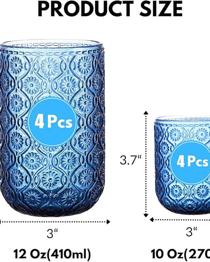 Blue Drinking Glasses Set of 8, 12 Oz Highball & 10 Oz Cocktail Glasses, Blue Kitchen Vintage Glassware Set, Floral Embossed Glass Tumbler Cups for Water, Beer, Juice, Whiskey, Coffee