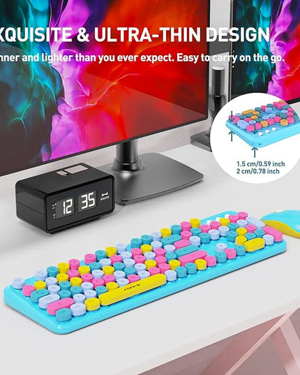 FOPETT 2.4GHz Wireless Keyboard and Mouse Set with Switch Button - Full-Size Keyboard - Compatible for Windows/Laptop/PC/Notebook/Smart TV and More - Blue Colorful