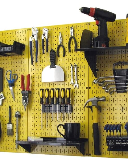 Wall Control 4 ft Metal Pegboard Standard Tool Storage Kit with Yellow Toolboard and Black Accessories