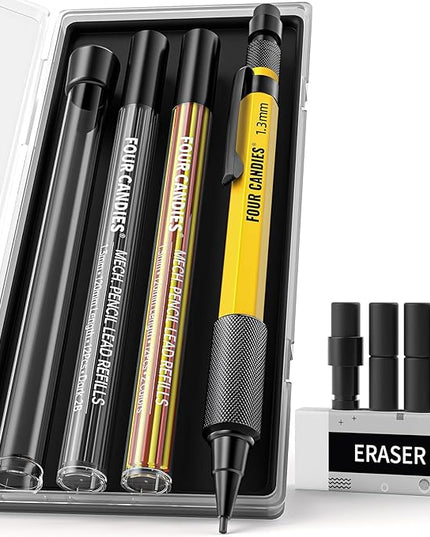 Four Candies 1.3mm Mechanical Pencil Set with 24 Lead Refills, Metal Weatherproof Heavy Duty Outdoor Carpenter Pencil, Eraser, 6 Eraser Refills for Architect Drafting Woodworking Marking with Case