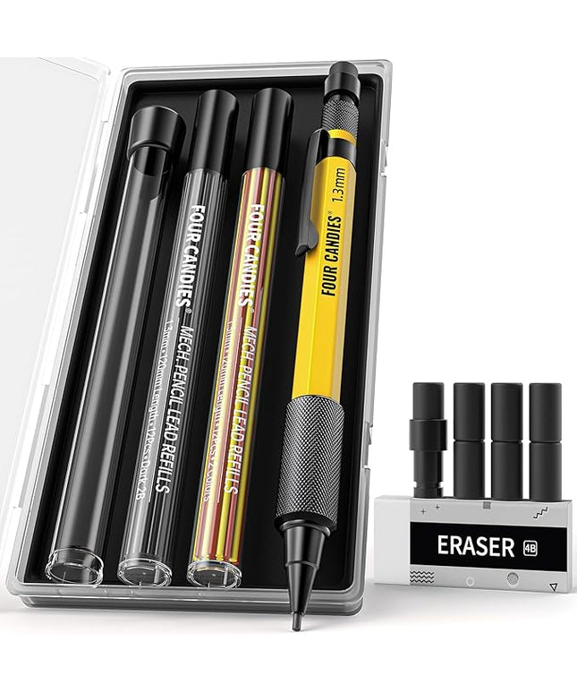 Four Candies 1.3mm Mechanical Pencil Set with 24 Lead Refills, Metal Weatherproof Heavy Duty Outdoor Carpenter Pencil, Eraser, 6 Eraser Refills for Architect Drafting Woodworking Marking with Case