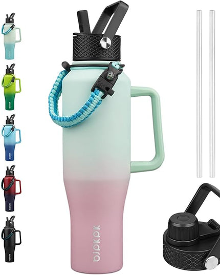 BJPKPK Insulated Water Bottles with Straw Lid, 40oz Metal Water Bottle with 2 lids & Paracord Strap, Double Wall Stainless Steel Tumbler with Handle, Reusable Cups, Mugs, Thermo, Marshmallow