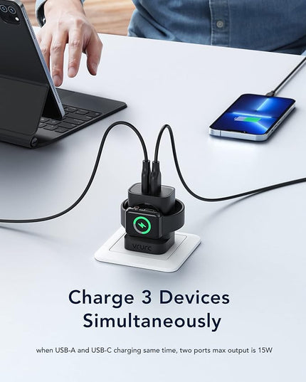 VRURC Charger for iPhone & Apple Watch, 20W USB C Fast Charging Block, 3-in-1 Compact Travel Adapter with 2 Port for iPhone 17/16/15/14/13, Wireless Magnetic for iWatch SE/11/10/9/8/7/6/5/4-Black