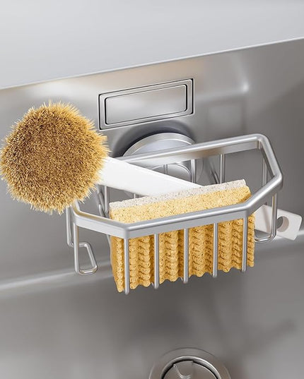 TAILI Sponge Holder for Kitchen Sink with Strong Suction Cup Removable, Rustproof Aluminum Sink Caddy for Sponge, Brush, Scrubber, Scraper -Silver