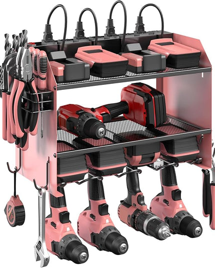 CCCEI Modular Power Tool Organizer Wall Mount with Charging Station. Garage Drill Storage Shelf with Hooks, Heavy Duty Rack, Tool Battery Holder Built in 8 Outlet. Gift for Men. Pink, 1 Pack.